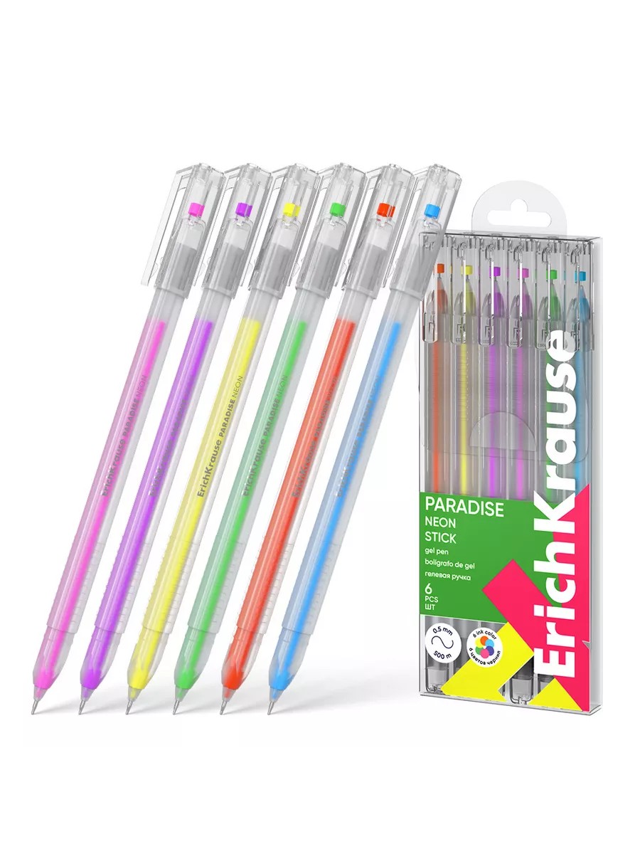 Набор гелевых ручек 6цв " ErichKrause " Paradise Stick Neon 0,6мм, игольчатый наконечник, прозрачный - купить в магазине Кассандра, фото, 4041485613091, 